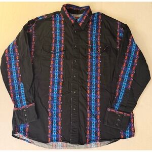 VTG Rustler By Wrangler Brushpopper Shirt Mens XL Pearl Snap Black Aztec
